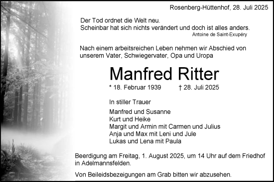 Traueranzeige von Manfred Ritter von Schwäbische Post