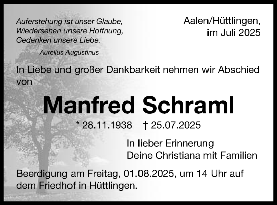Traueranzeige von Manfred Schraml von Schwäbische Post