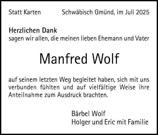 Traueranzeige von Manfred Wolf von Gmünder Tagespost