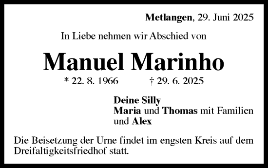 Traueranzeige von Manuel Marinho von Gmünder Tagespost