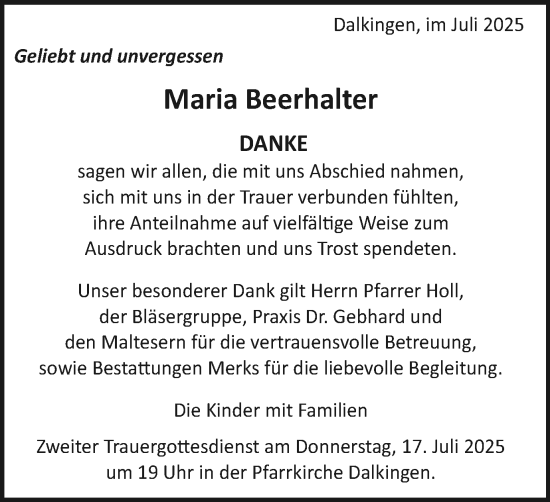 Traueranzeige von Maria Beerhalter von Schwäbische Post