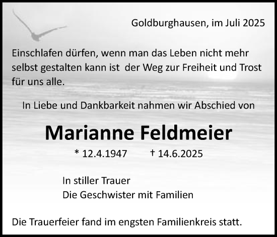 Traueranzeige von Marianne Feldmeier von Schwäbische Post