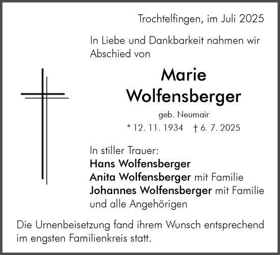 Traueranzeige von Marie Wolfensberger von Schwäbische Post
