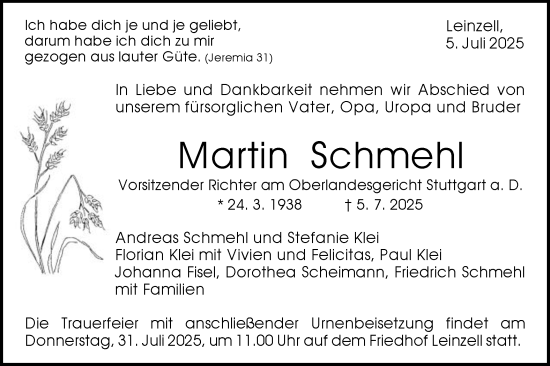 Traueranzeige von Martin Schmehl von Gmünder Tagespost