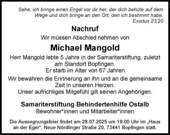 Traueranzeige von Michael Mangold von Schwäbische Post