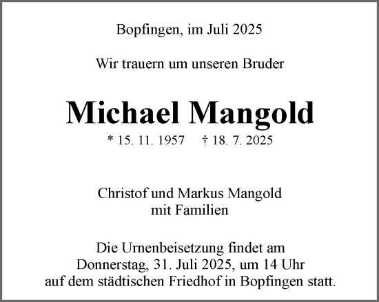 Traueranzeige von Michael Mangold von Schwäbische Post