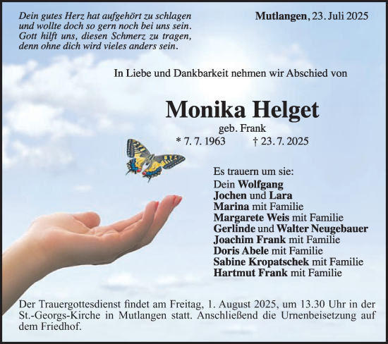 Traueranzeige von Monika Helget von Gmünder Tagespost