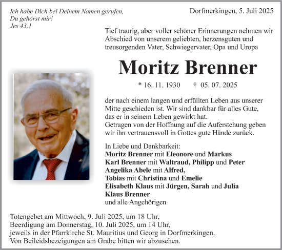 Traueranzeige von Moritz Brenner von Schwäbische Post