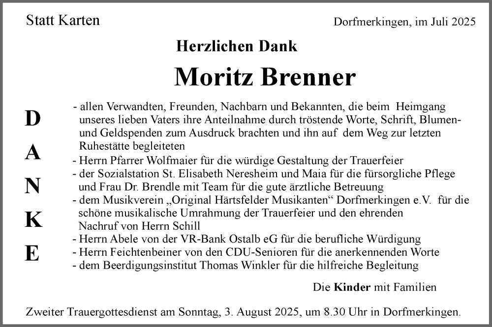  Traueranzeige für Moritz Brenner vom 29.07.2025 aus Schwäbische Post