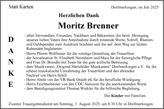 Traueranzeige von Moritz Brenner von Schwäbische Post
