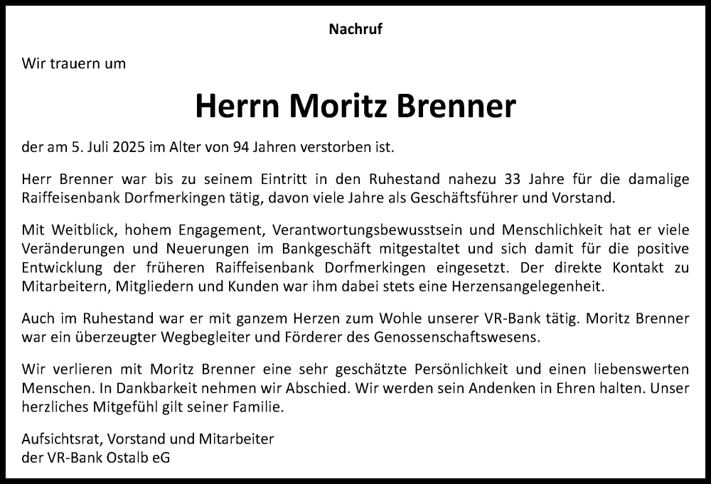  Traueranzeige für Moritz Brenner vom 09.07.2025 aus Schwäbische Post
