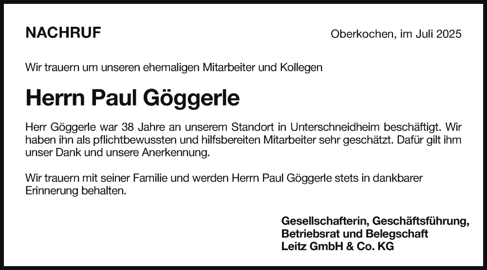  Traueranzeige für Paul Göggerle vom 01.07.2025 aus Schwäbische Post