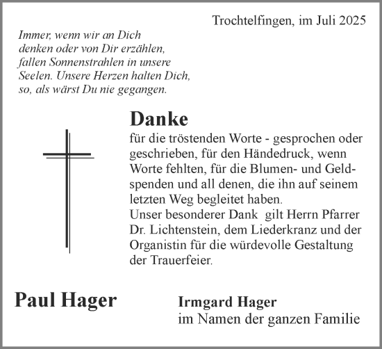 Traueranzeige von Paul Hager von Schwäbische Post