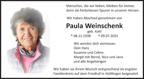 Traueranzeige von Paula Weinschenk von Schwäbische Post