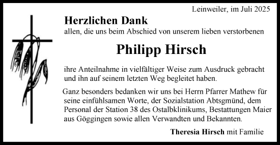 Traueranzeige von Philipp Hirsch von Gmünder Tagespost