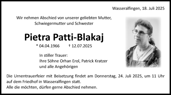 Traueranzeige von Pietra Patti-Blakaj von Schwäbische Post