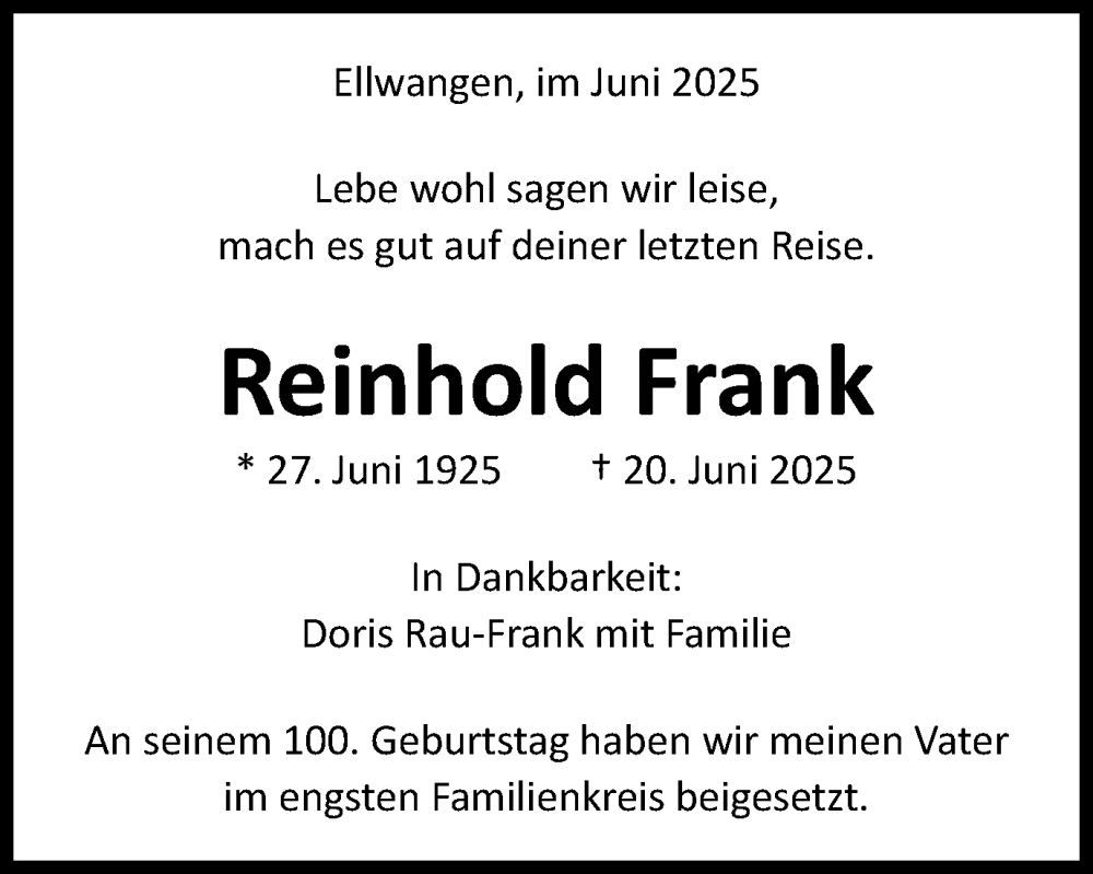 Traueranzeige für Reinhold Frank vom 01.07.2025 aus Schwäbische Post