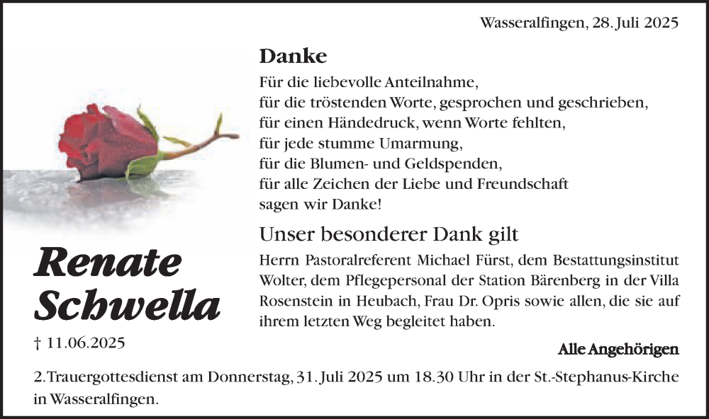  Traueranzeige für Renate Schwella vom 28.07.2025 aus Schwäbische Post