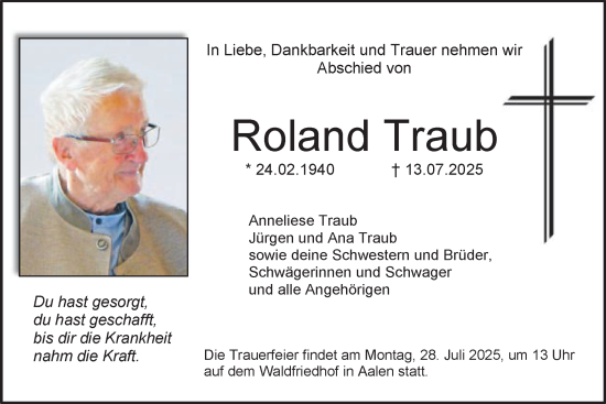 Traueranzeige von Roland Traub von Schwäbische Post