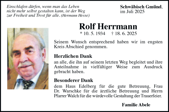 Traueranzeige von Rolf Herrmann von Gmünder Tagespost