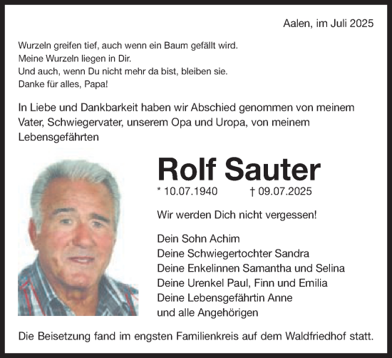 Traueranzeige von Rolf Sauter von Schwäbische Post