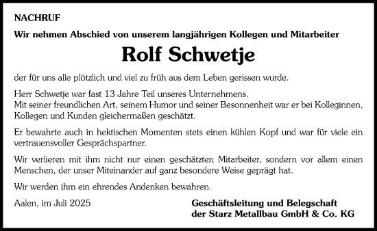 Traueranzeige von Rolf Schwetje von Schwäbische Post