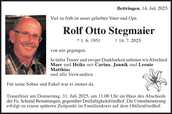 Traueranzeige von Rolf Otto Stegmaier von Gmünder Tagespost