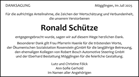 Traueranzeige von Ronald Schütze von Gmünder Tagespost