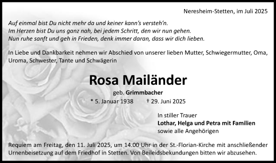 Traueranzeige von Rosa Mailänder von Schwäbische Post