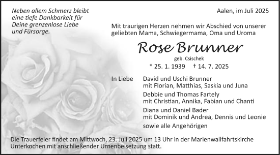 Traueranzeige von Rose Brunner von Schwäbische Post