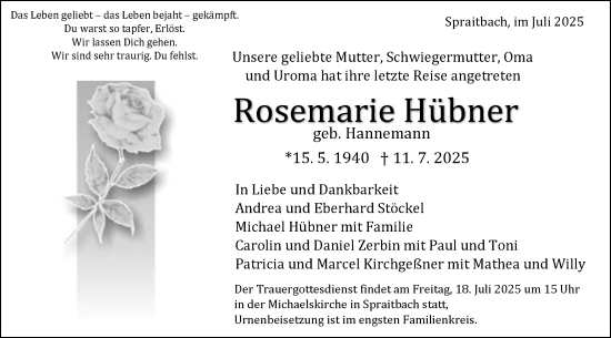 Traueranzeige von Rosemarie Hübner von Gmünder Tagespost