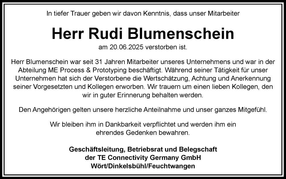  Traueranzeige für Rudi Blumenschein vom 04.07.2025 aus Schwäbische Post