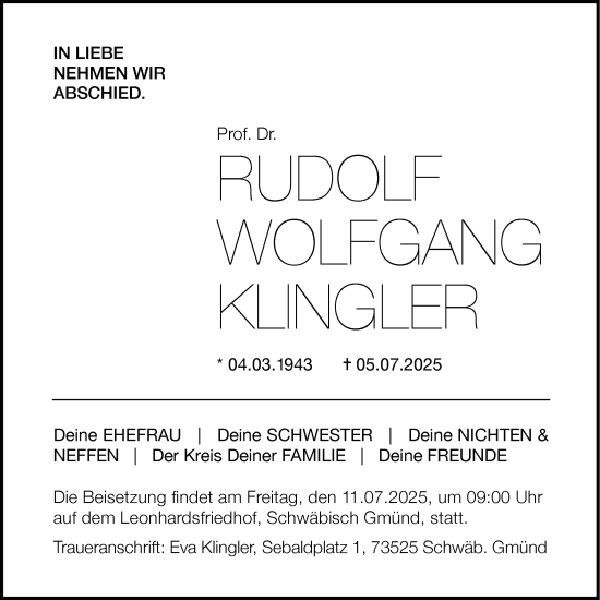 Traueranzeige von Rudolf Wolfgang Klingler von Gmünder Tagespost