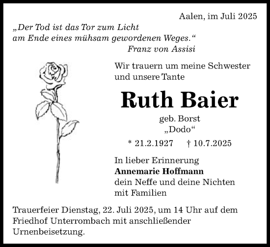 Traueranzeige von Ruth Baier von Schwäbische Post