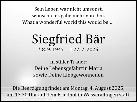Traueranzeige von Siegfried Bär von Schwäbische Post