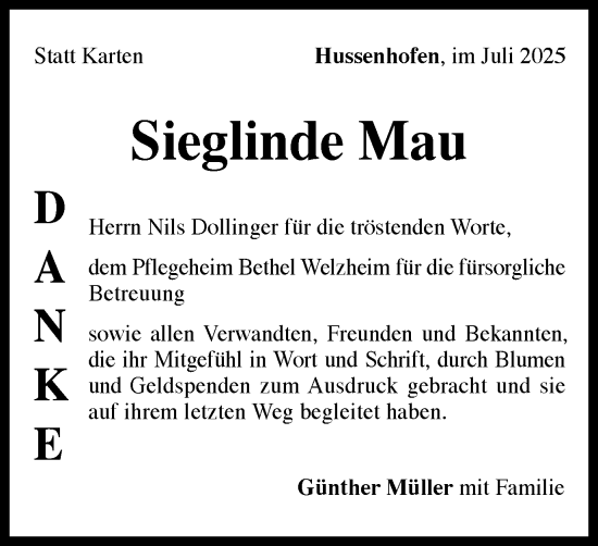Traueranzeige von Sieglinde Mau von Gmünder Tagespost