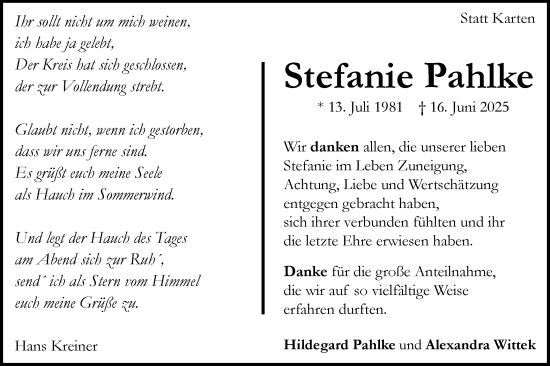 Traueranzeige von Stefanie Pahlke von Gmünder Tagespost