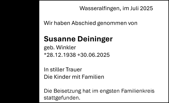 Traueranzeige von Susanne Deininger von Schwäbische Post