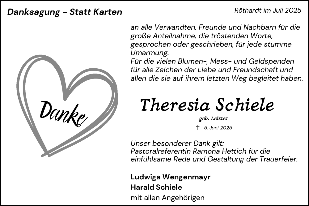  Traueranzeige für Theresia Schiele vom 05.07.2025 aus Schwäbische Post