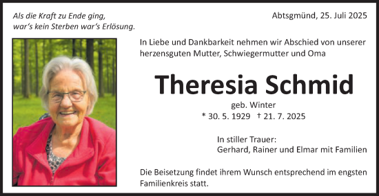 Traueranzeige von Theresia Schmid von Schwäbische Post