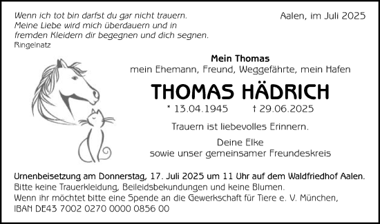 Traueranzeige von Thomas Hädrich von Schwäbische Post