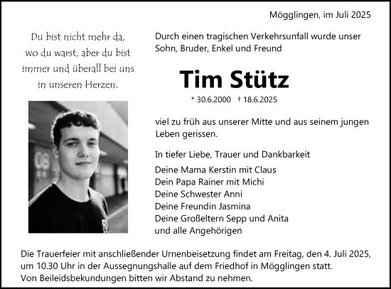 Traueranzeige von Tim Stütz von Gmünder Tagespost