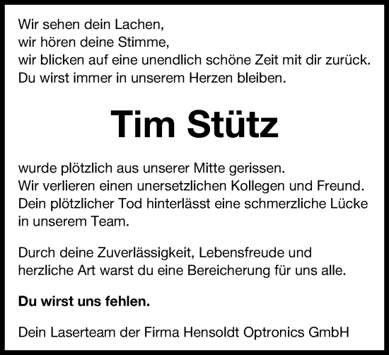 Traueranzeige von Tim Stütz von Gmünder Tagespost