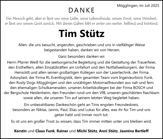 Traueranzeige von Tim Stütz von Gmünder Tagespost