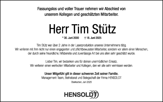Traueranzeige von Tim Stütz von Gmünder Tagespost