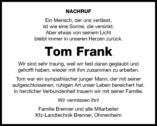 Traueranzeige von Tom Frank von Schwäbische Post