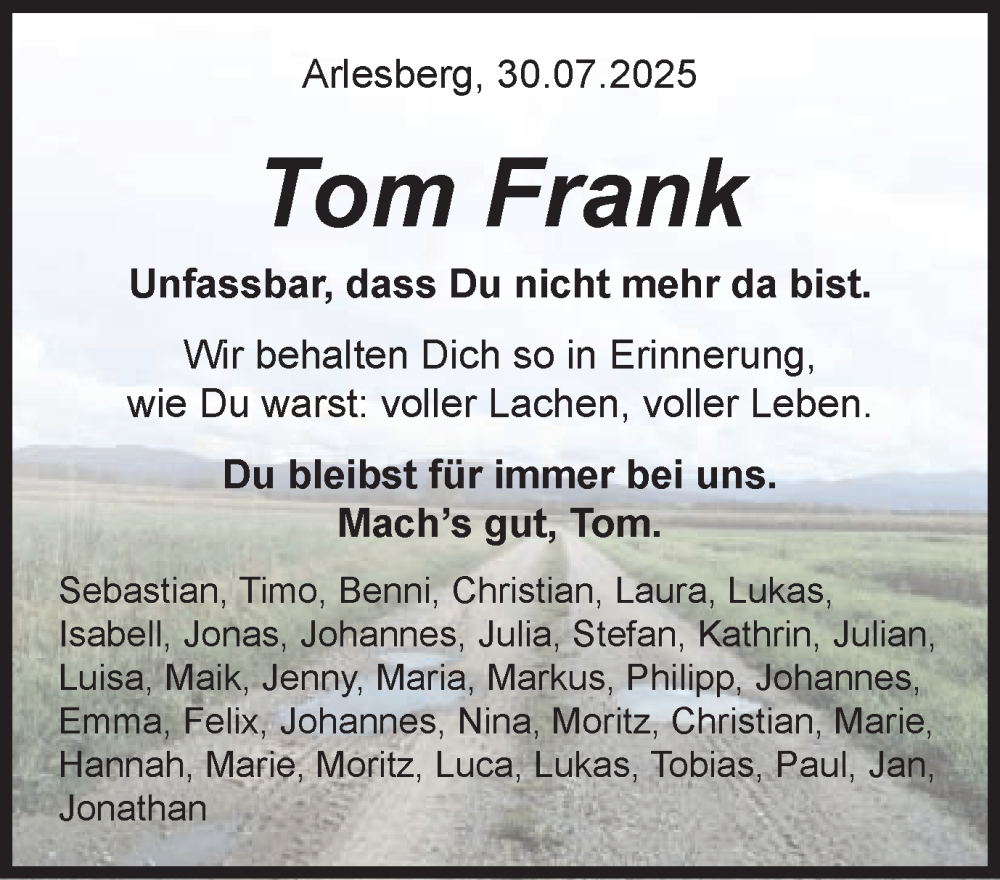  Traueranzeige für Tom Frank vom 30.07.2025 aus Schwäbische Post