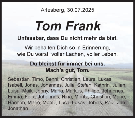 Traueranzeige von Tom Frank von Schwäbische Post