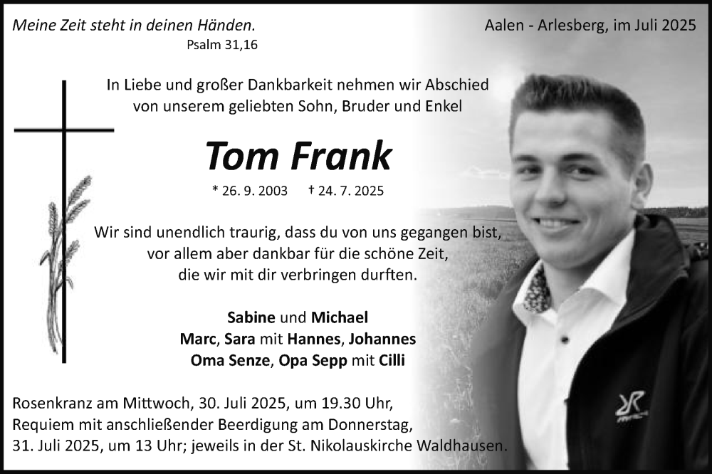  Traueranzeige für Tom Frank vom 29.07.2025 aus Schwäbische Post