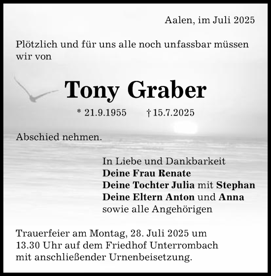 Traueranzeige von Tony Graber von Schwäbische Post